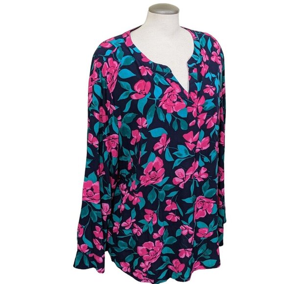 Talbots Womens Tunic Top Plus 3X Split Neck Lightweight Floral Popover Black - Picture 2 of 6